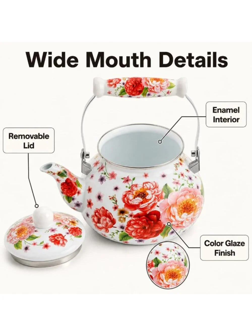 Vintage Floral Enamel Tea Kettle 2.6 Qt - Non-Whistling, Multi-Use & Hand Wash